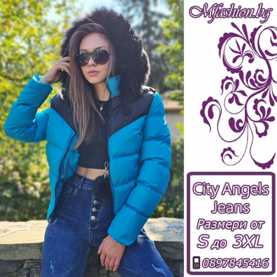 Дамско пухено яке с качулка, City Angels Jeans, Тюркоаз, 6828